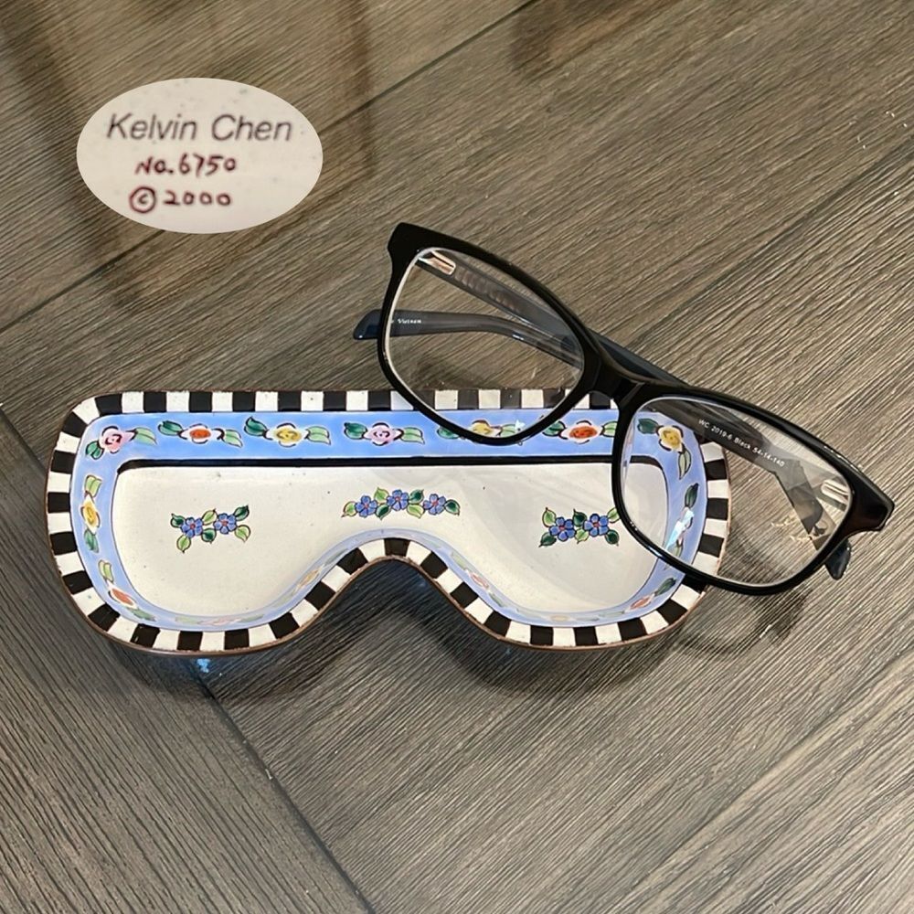 2000 KELVIN CHEN Enamel Copper Hand Painted Eyeglass Tray Dish Holder Checkered